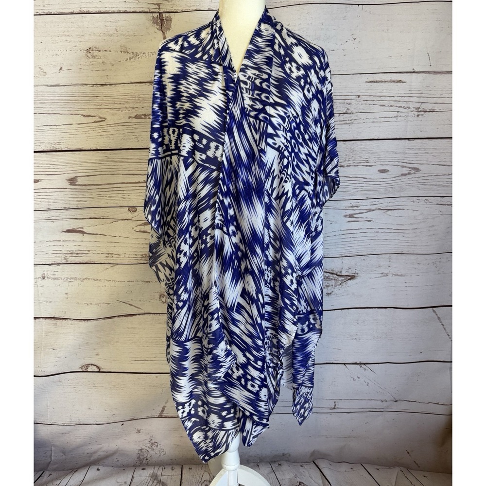 Michael Stars Wrap Womens One Size Blue White Ruana‎ Swim Cover-Up Kimono Poncho
